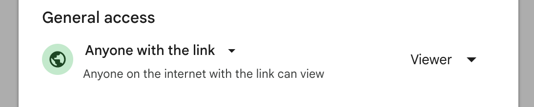 Screenshot showing the google drive sharing options