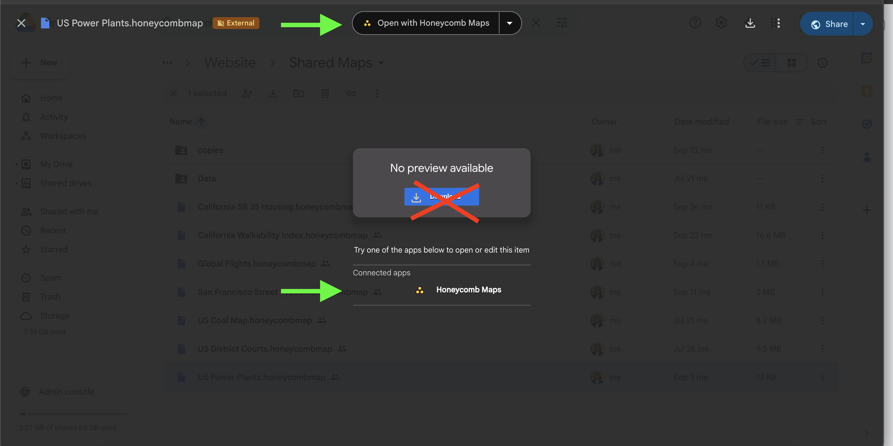 Opening a Honeycomb Map file in Google Drive